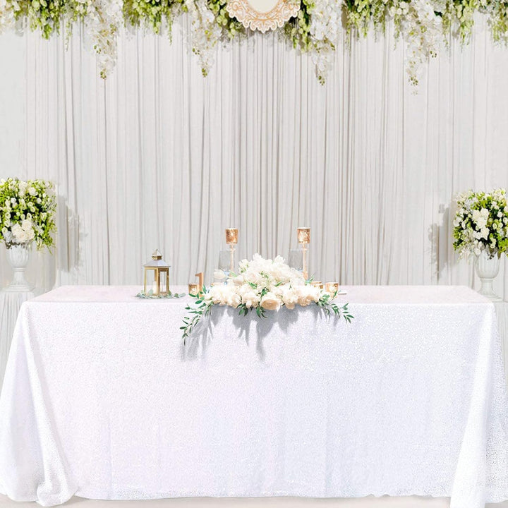 White Sequins Christmas Tablecloth 90x132 Inches Seamless Reversible Sequin Fabric Sequin Fabric for Table Overlays Wedding Birthday Family Gathering