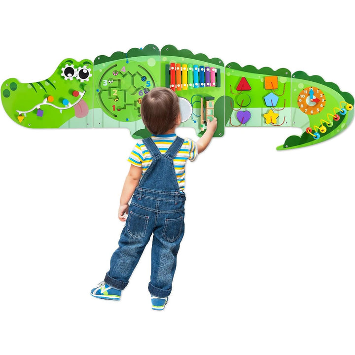 Crocodile Activity Wall Panels, 9-in-1 Wall-Mounted Crocodile Busy Board Wooden Montessori Activity Wall Panels Educational Sensory Board Playroom Wall Toys Daycare Learning Toy for Girls Boys