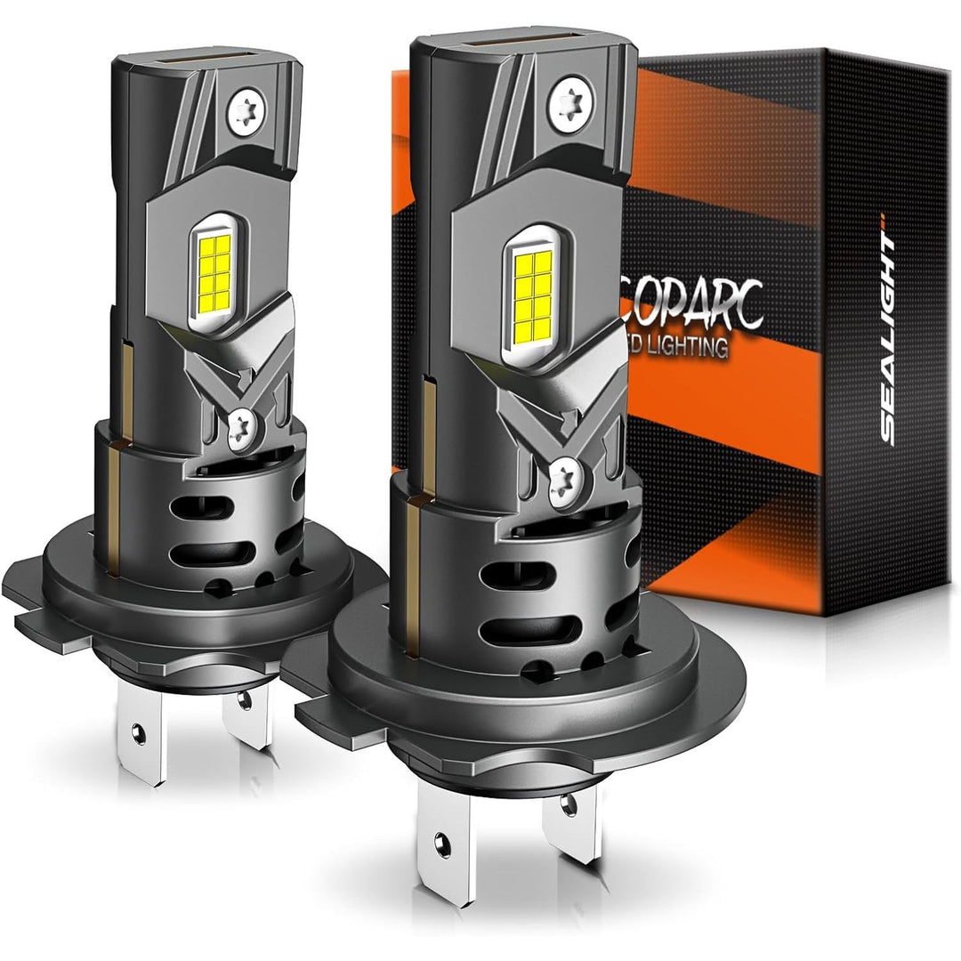 H7 LED Headlight Bulbs, 32000 Lumens 800% Brighter 6500K Cool White Led Bulbs, All-in-One Mini Size H7 Lights with Fan, Plug and Play, Halogen Replacement, Pack of 2