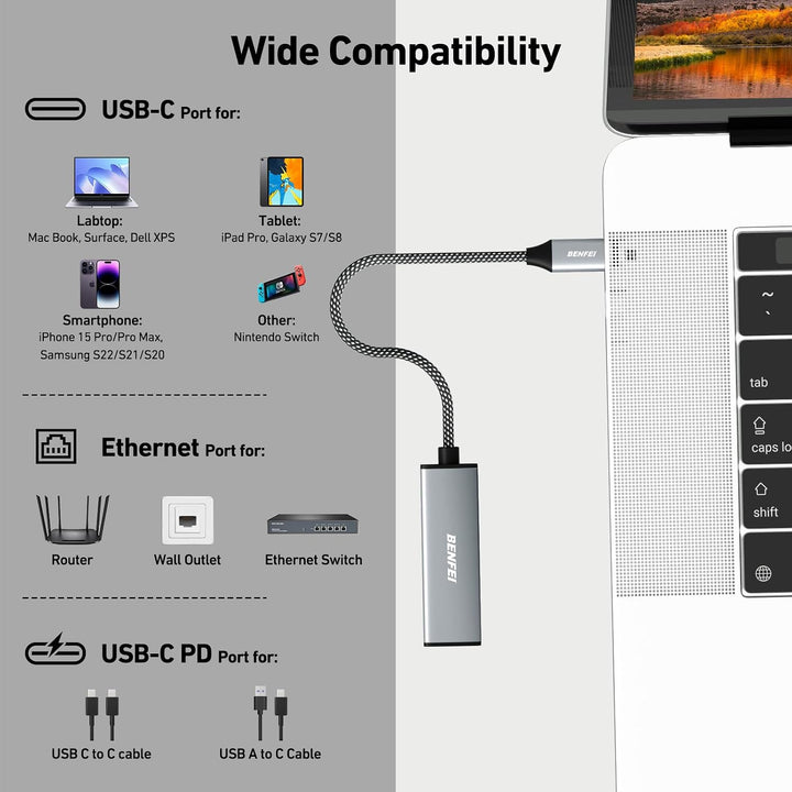 USB-C to Ethernet Gigabit Adapter with 100W Power Delivery, Thunderbolt 3/4 to RJ45 Ethernet LAN Network Adapter Compatible with iPhone 15 Pro/Max, MacBook Pro/Air 2023, iPad Pro, iMac