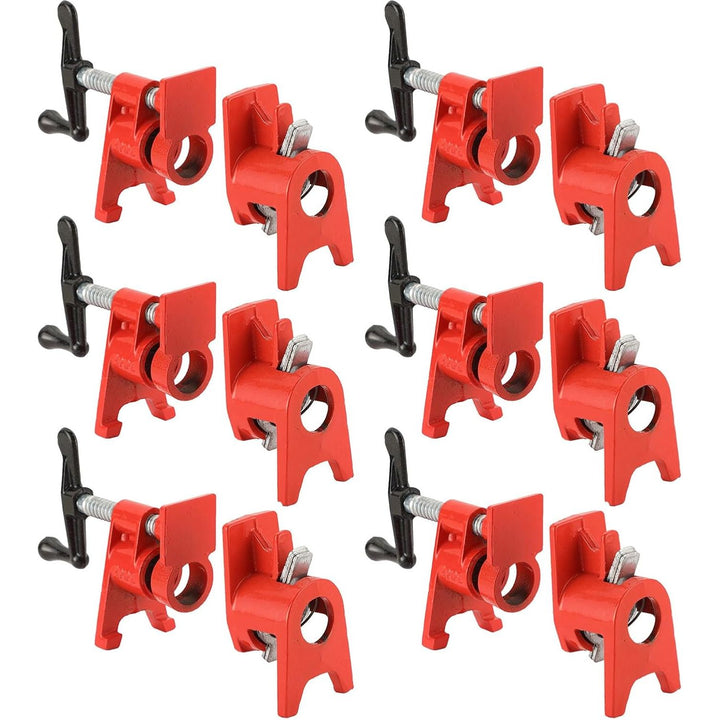 FLKQC 3/4" Wood Gluing Pipe Clamp Set with Unique Foot Design Red 6PCS Heavy Duty Bar Clamps Cast Iron Quick Release Pipe Clamp Tools for Woodworking (6Pack, 3/4" with Foot)