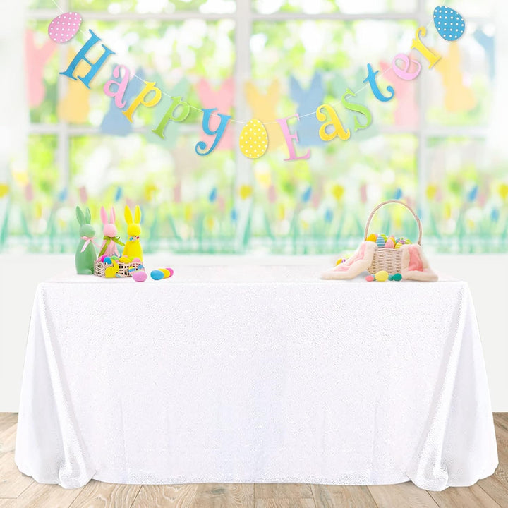 White Sequins Christmas Tablecloth 90x132 Inches Seamless Reversible Sequin Fabric Sequin Fabric for Table Overlays Wedding Birthday Family Gathering