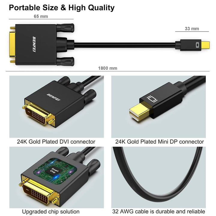 Mini Displayport to DVI Cable, Mini DP to DVI 1.83M Cable Male to Male Gold-Plated Cord for MacBook, iMac(LG51) Surface Pro and Laptop