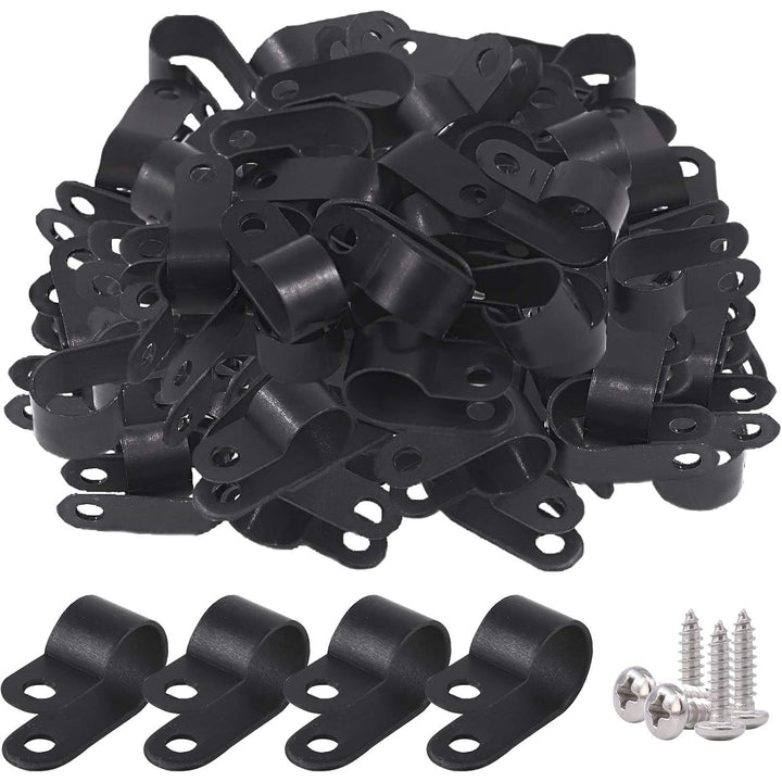 120Pcs 1/2 Inch Black Nylon Screw Mounting R-Type Cable Clip Wire Clamp with 120Pcs Screws for Wire, Cable, Conduit and Cable Conduit Kit (Black)