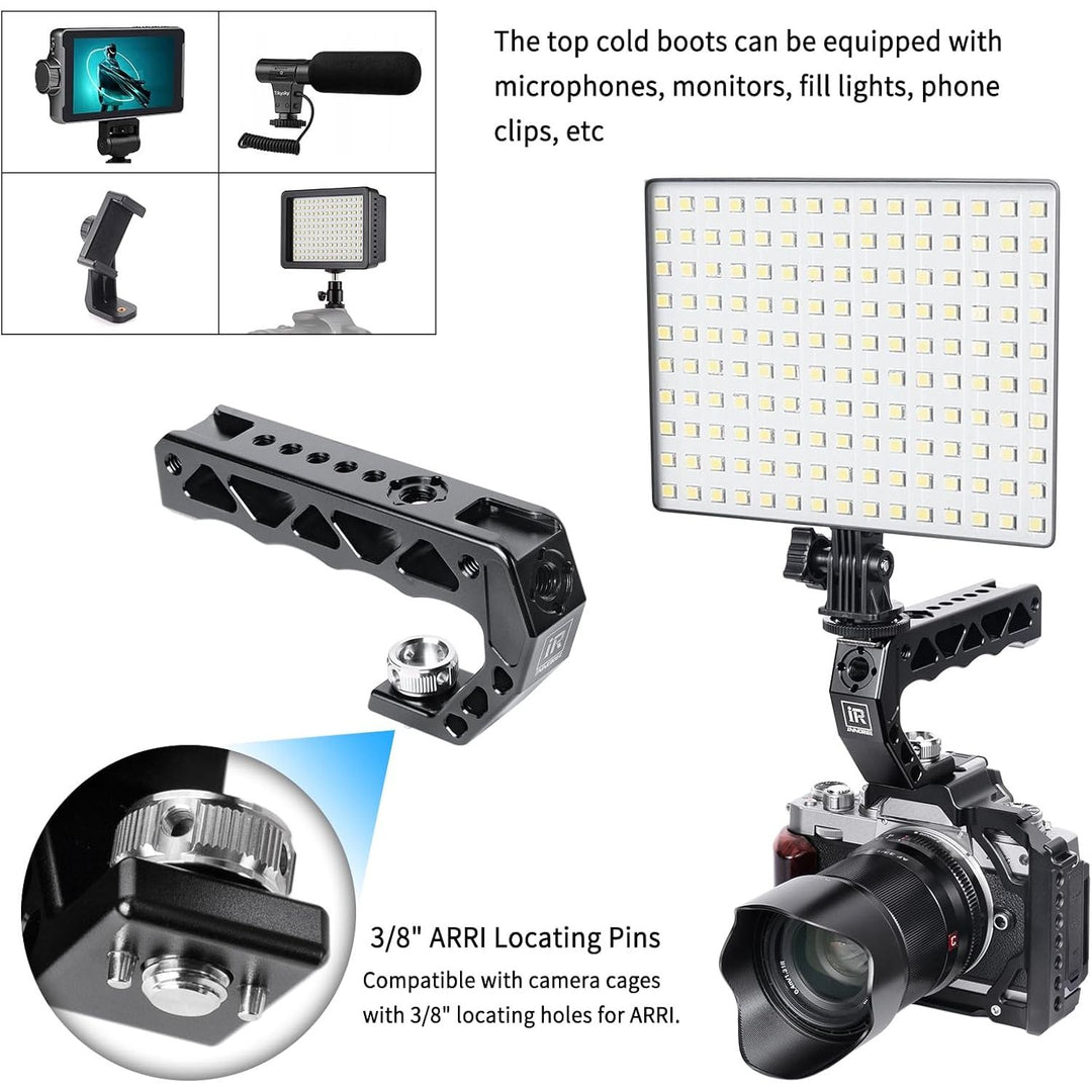 AH130 Top Handle with 3/8" ARRI Locating Pins, Comfort Ergonomic CNC Aluminum Alloy Grip for ARRI for Camera Cage, with 1/4" 3/8" Threads and 3 Cold Shoes, Weight 195g, Max Load 10kg/22lb