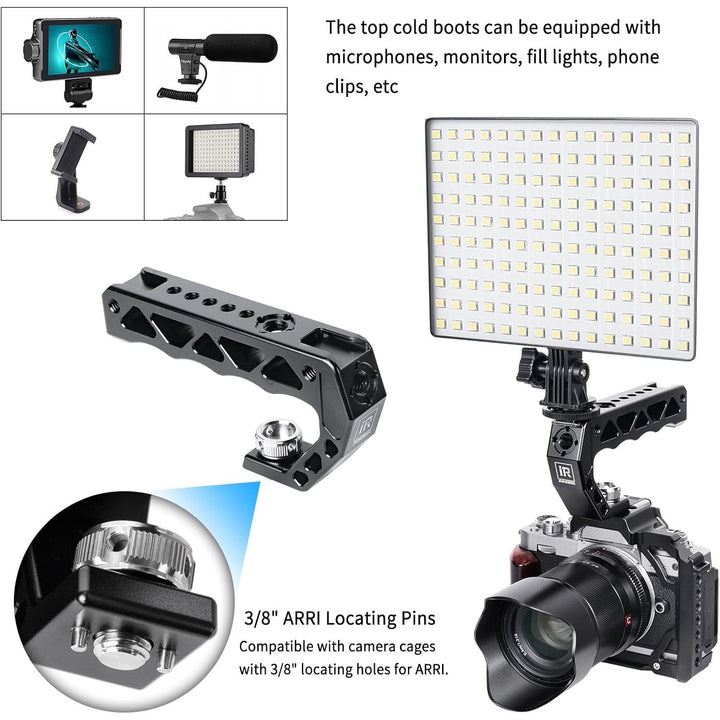 AH130 Top Handle with 3/8" ARRI Locating Pins, Comfort Ergonomic CNC Aluminum Alloy Grip for ARRI for Camera Cage, with 1/4" 3/8" Threads and 3 Cold Shoes, Weight 195g, Max Load 10kg/22lb