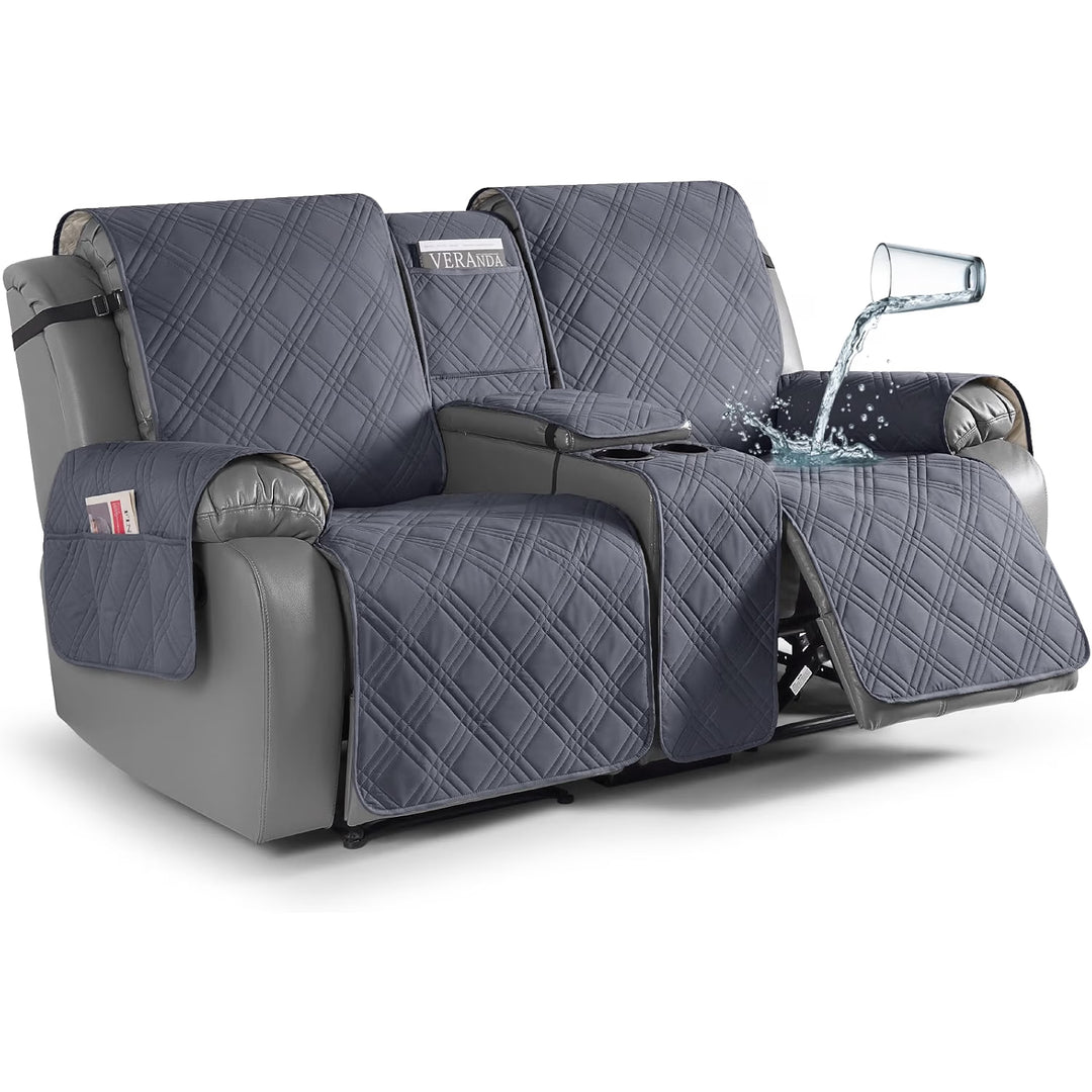 Loveseat Recliner Cover with Console, Non-Slip Pet Cover for Dual Loveseat Recliner, Split Reclining Loveseat Cover Recliner Furniture Protector with Elastic Straps (2 Seater, Dark Grey)