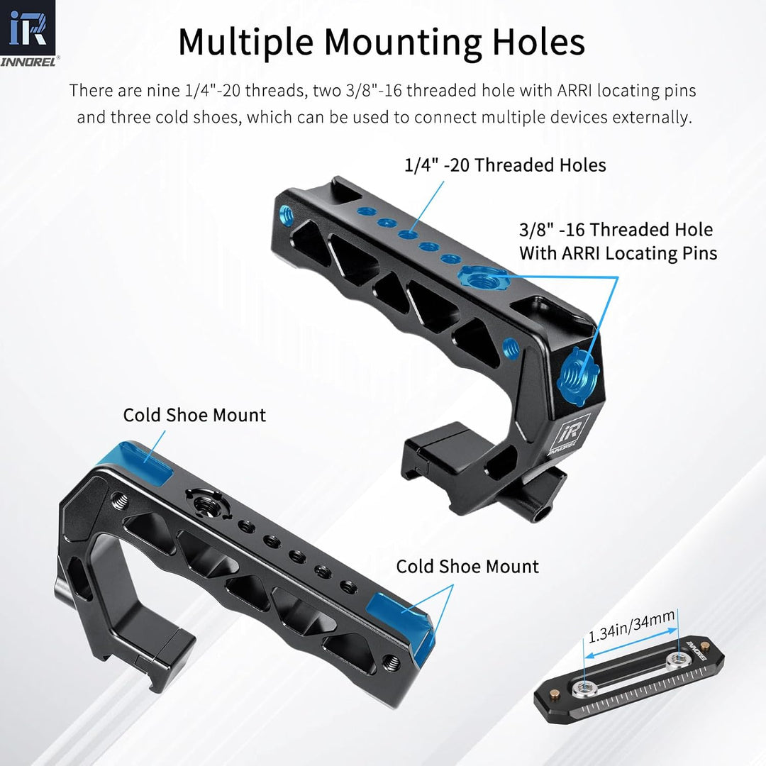 NH130 Top Handle and NATO Rail Kit, Comfort Ergonomic CNC Aluminum Alloy Grip, with Quick Release NATO Clamp, 3 Cold Shoes and 1/4" 3/8" ARRI Threads, for Camera Cage Video Rig, Max Load 10kg