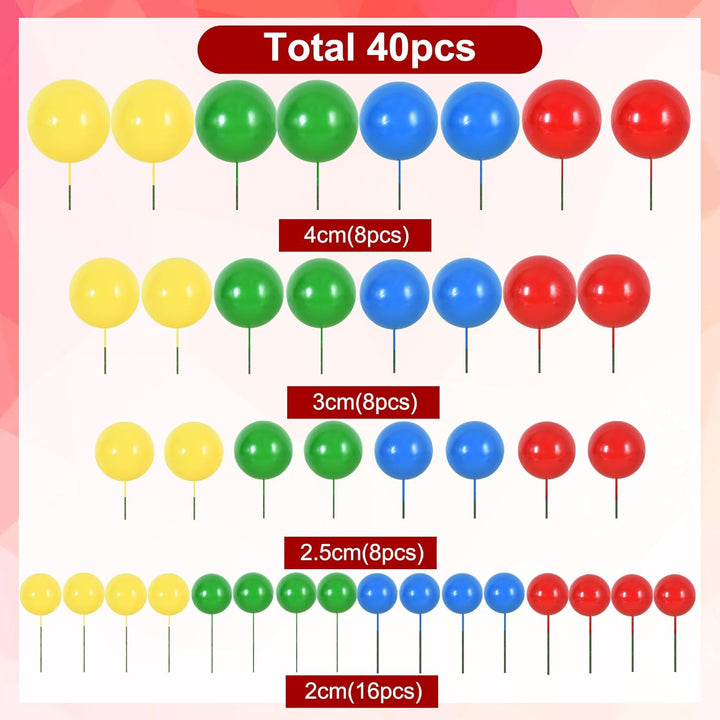 40 Pcs Ball Cake Toppers Mini Foam Balls Cake Decorations Insert Balls Cake Decorations DIY Cake Topper for Birthday Baking Anniversary Wedding and Baby Shower (Red Blue Yellow Green)