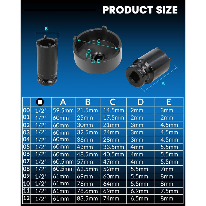 13pc Spindle Nuts Socket Kit Ball Joints Axle Locknut Remove Install Locking Hub Socket for KM Groove Nuts, 4 Teeth Exterior with 1/2'' 21.5mm 25mm 30mm 32.5mm 36mm 43mm 48.5mm 57mm 62.5mm 69mm 76mm