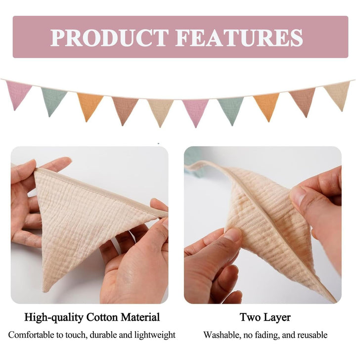 Pennant Banner Flags, 8.5 Ft Pennant Bunting Banner, Triangle Cotton Baby Bunting Flag for Nursery, Double Sided Colorful Banner Garland Flags for Baby Birthday Boho Shower Party Event (Morandi Beige)