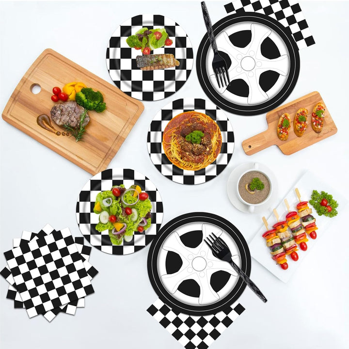 96PCS Racing Car Plates and Napkins Birthday Party Tableware Set Boys Kids Race Car Birthday Decorations Checkered Racing Birthday Party Supplies Plates Napkins Forks Serve 24