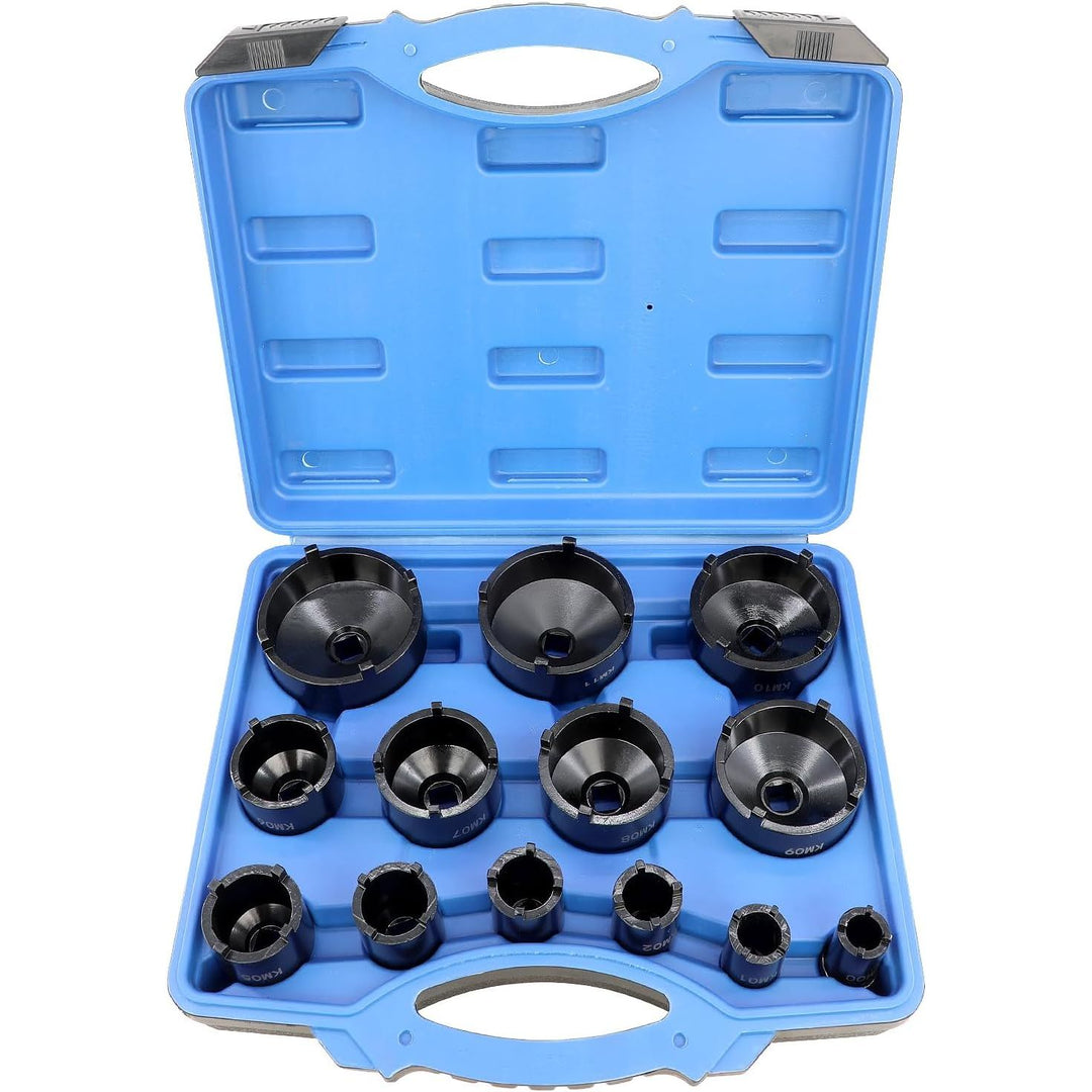 13pc Spindle Nuts Socket Kit Ball Joints Axle Locknut Remove Install Locking Hub Socket for KM Groove Nuts, 4 Teeth Exterior with 1/2'' 21.5mm 25mm 30mm 32.5mm 36mm 43mm 48.5mm 57mm 62.5mm 69mm 76mm