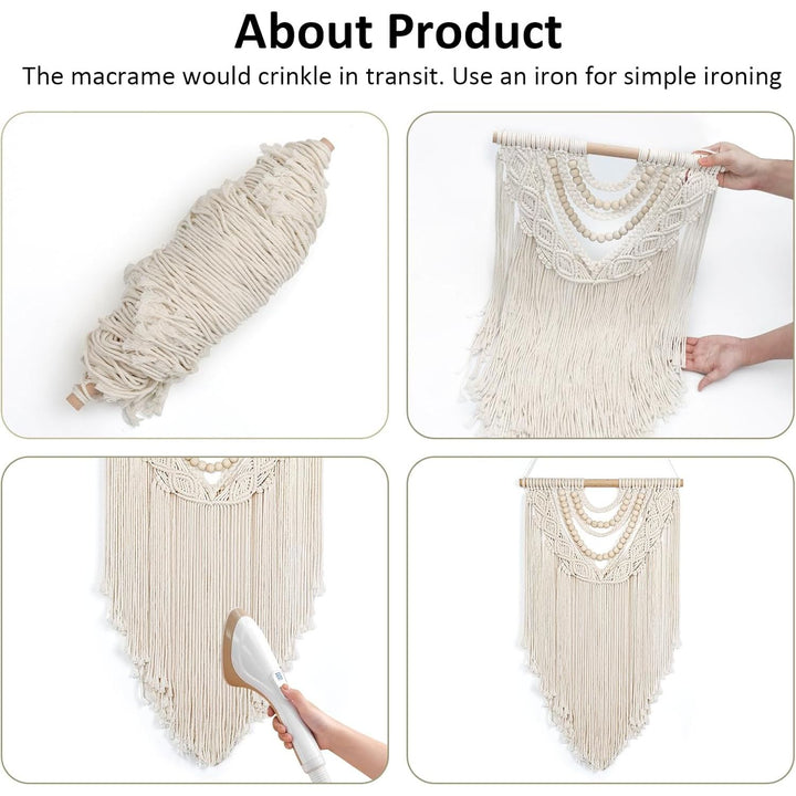 Small Macrame Wall Hanging Boho Handmade Woven Tapestry Bohemian Wall Art Decor with Chic Wooden Beads Home Decor for Bedroom Living Room Apartment Dorm Gallery Wedding 16.5"x28"