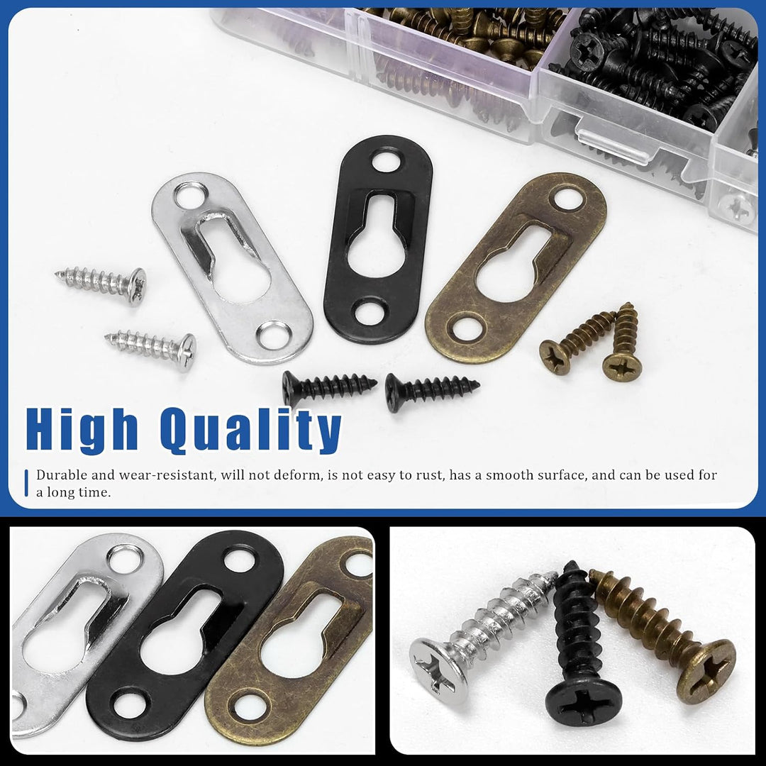 180pcs 45 x 16mm Keyhole Hangers, Silver/Black/Bronze Keyhole Shelf Hanger with Screw, Single Keyhole Hanging Plate for Wall Mounting Coat Rack, Wooden Board, Mug