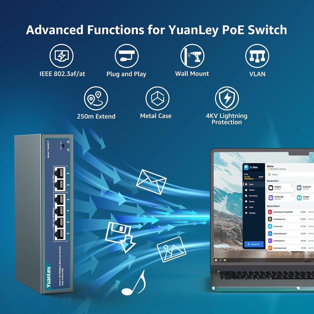 4 Port PoE Switch with 2 Ethernet Uplink, 4 Port PoE+ 100Mbps, 78W 802.3af/at, Extend Function, One-Key VLAN, Metal, Desktop & Wall-Mount, Unmanaged Plug and Play