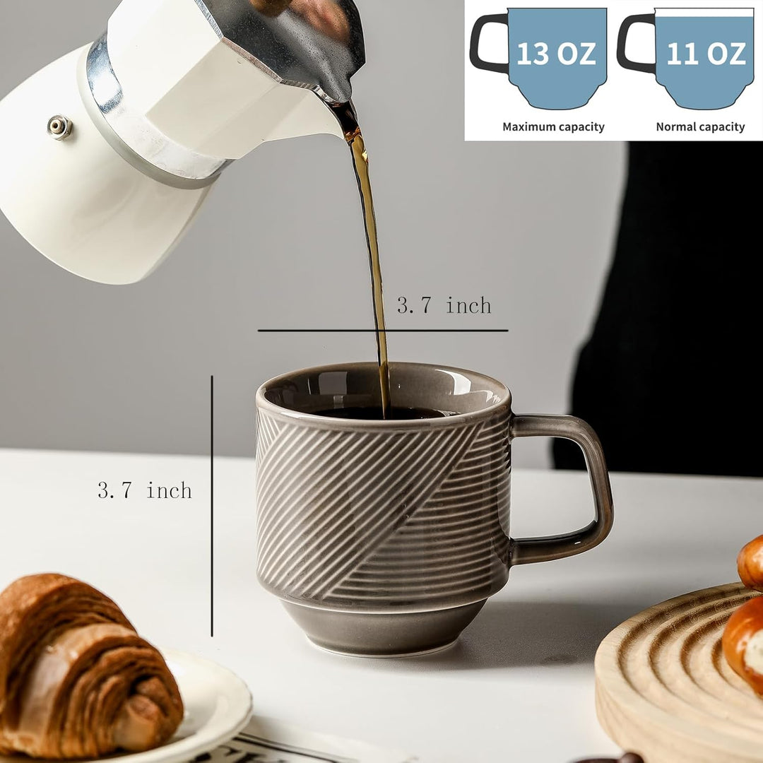 Stackable Coffee Mugs with Rack: 13 oz Stacking Ceramic Cups with Stand - Porcelain Stacked Tea Mug Set of 4 (Grey)