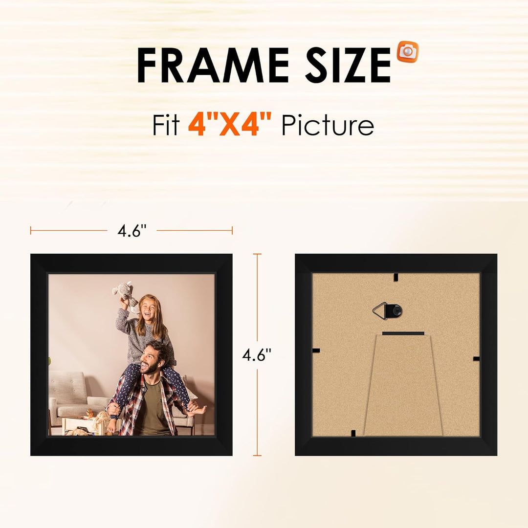 4x4 Picture Frame Set of 4, 4x4 Photo Frames with HD Plexiglass for Wall Hanging or Tabletop Display, Black