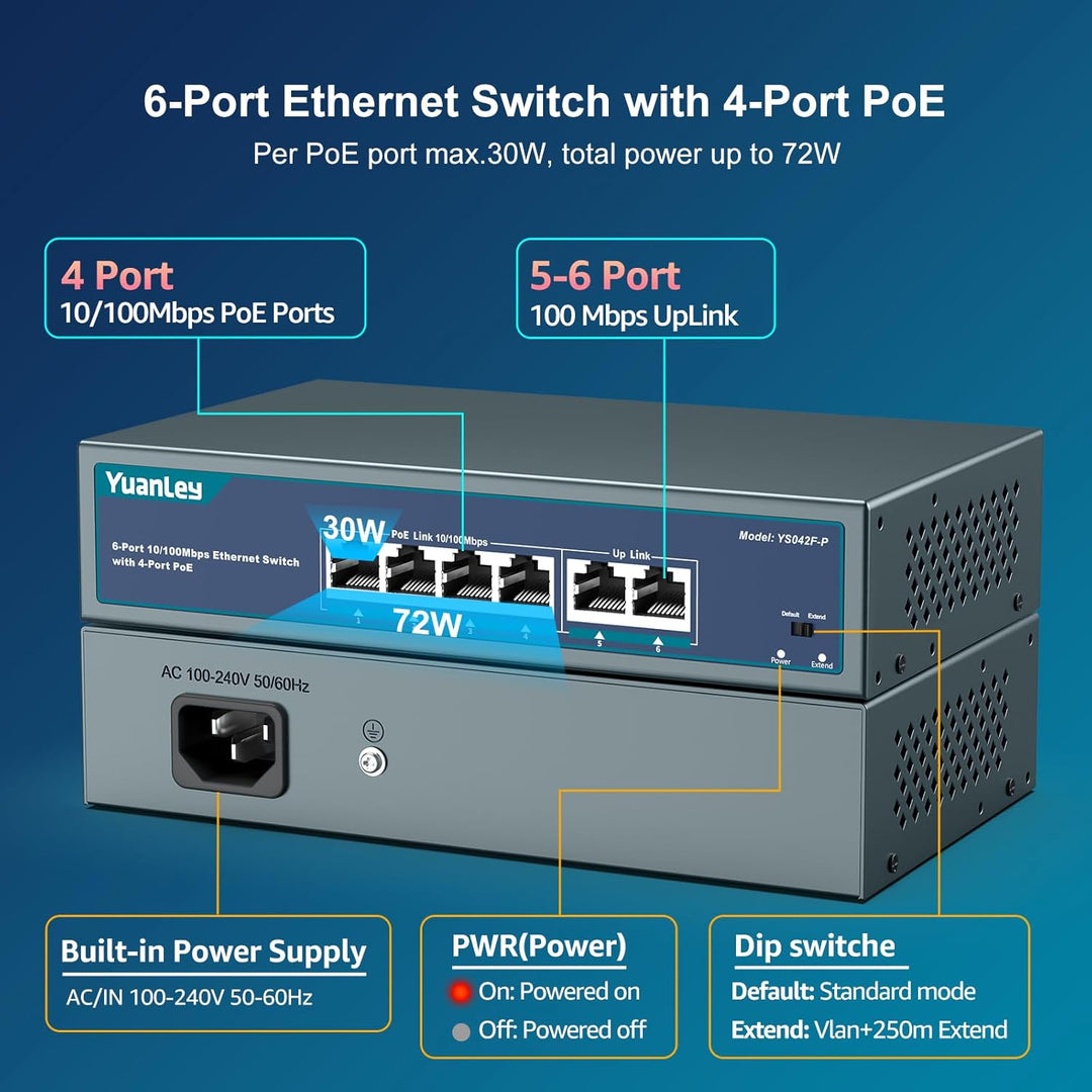 4 Port PoE Switch with 2 Ethernet Uplink, 4 Port PoE+ 100Mbps, 78W 802.3af/at, Extend Function, One-Key VLAN, Metal, Desktop & Wall-Mount, Unmanaged Plug and Play