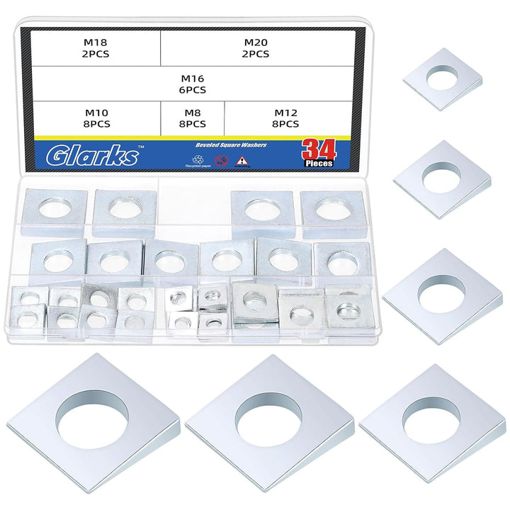 34pcs M8/M10/M12/M16/M18/M20 Square Beveled Washers Kit, Zinc Plated Carbon Steel Wedge Washer, Heavy Duty Leveling Washer for Shim Leveling/I-Beams/Slot Section