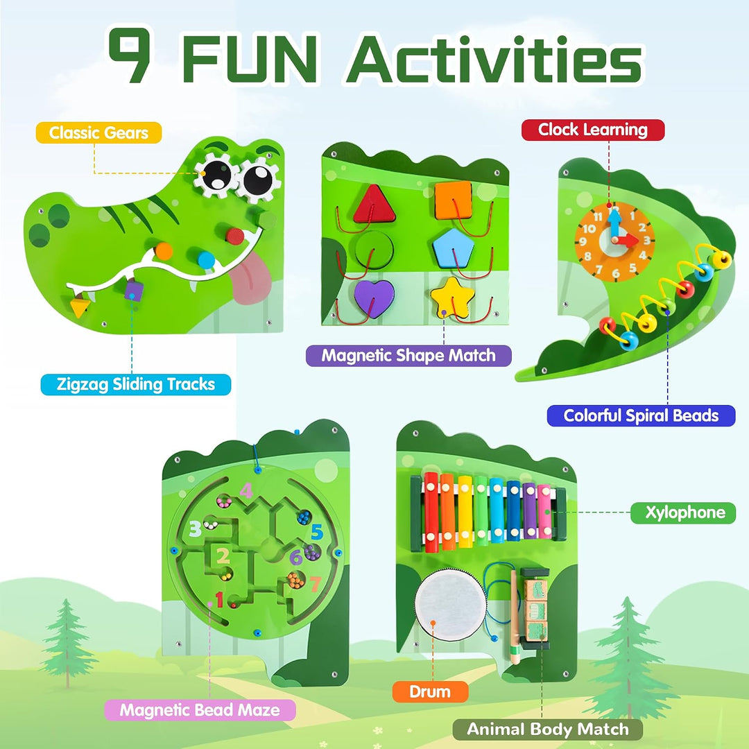 Crocodile Activity Wall Panels, 9-in-1 Wall-Mounted Crocodile Busy Board Wooden Montessori Activity Wall Panels Educational Sensory Board Playroom Wall Toys Daycare Learning Toy for Girls Boys