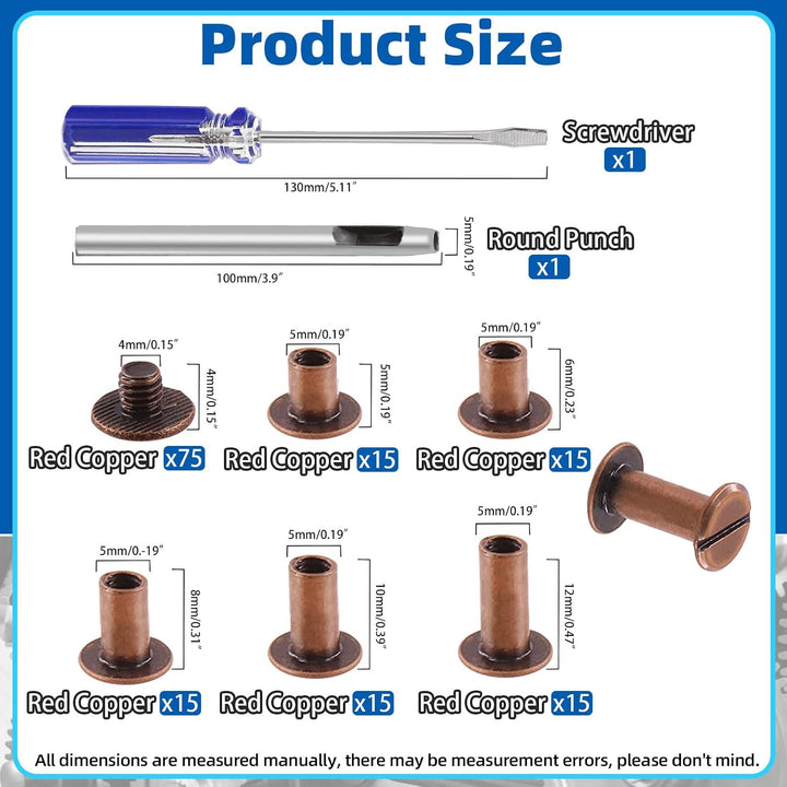 150 Sets Red Bronze Chicago Screws Assorted Kit - M5 x 5mm, 6mm, 8mm, 10mm, 12mm Rivets and 4x4mm Flat Head Stud Screw - Nail Rivet Button Screw Posts Metal Accessories (Red Bronze)