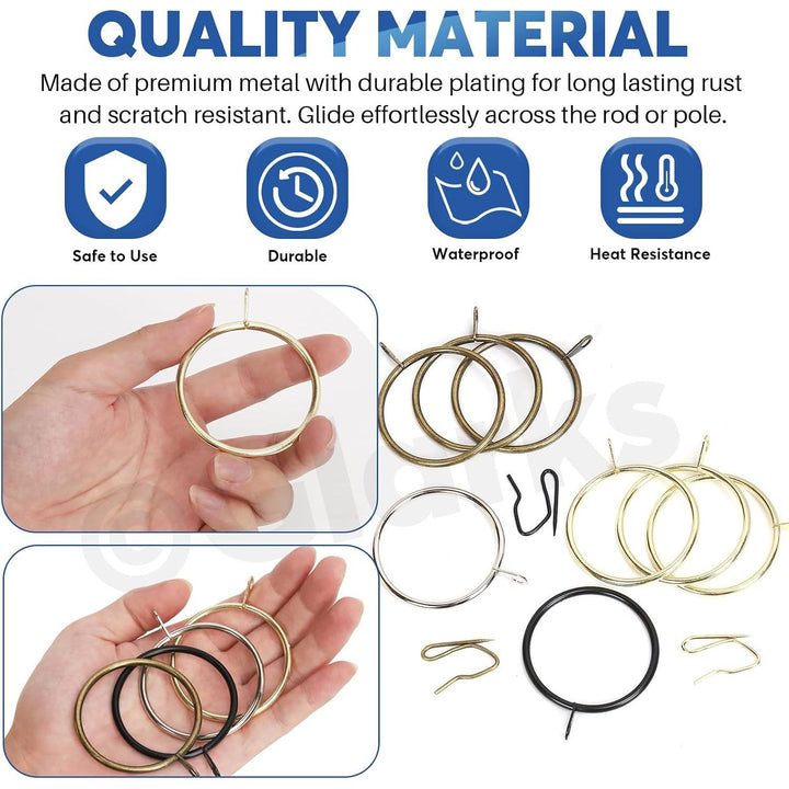 30 Sets 42mm/1.7inch Black Metal Drapery Curtain Hanging Rings Set, Includes 30pcs Curtain Rings and 30pcs Drapery Pin Hooks, Drape Sliding Eyelet Rings for Sliding Window Bathroom Door