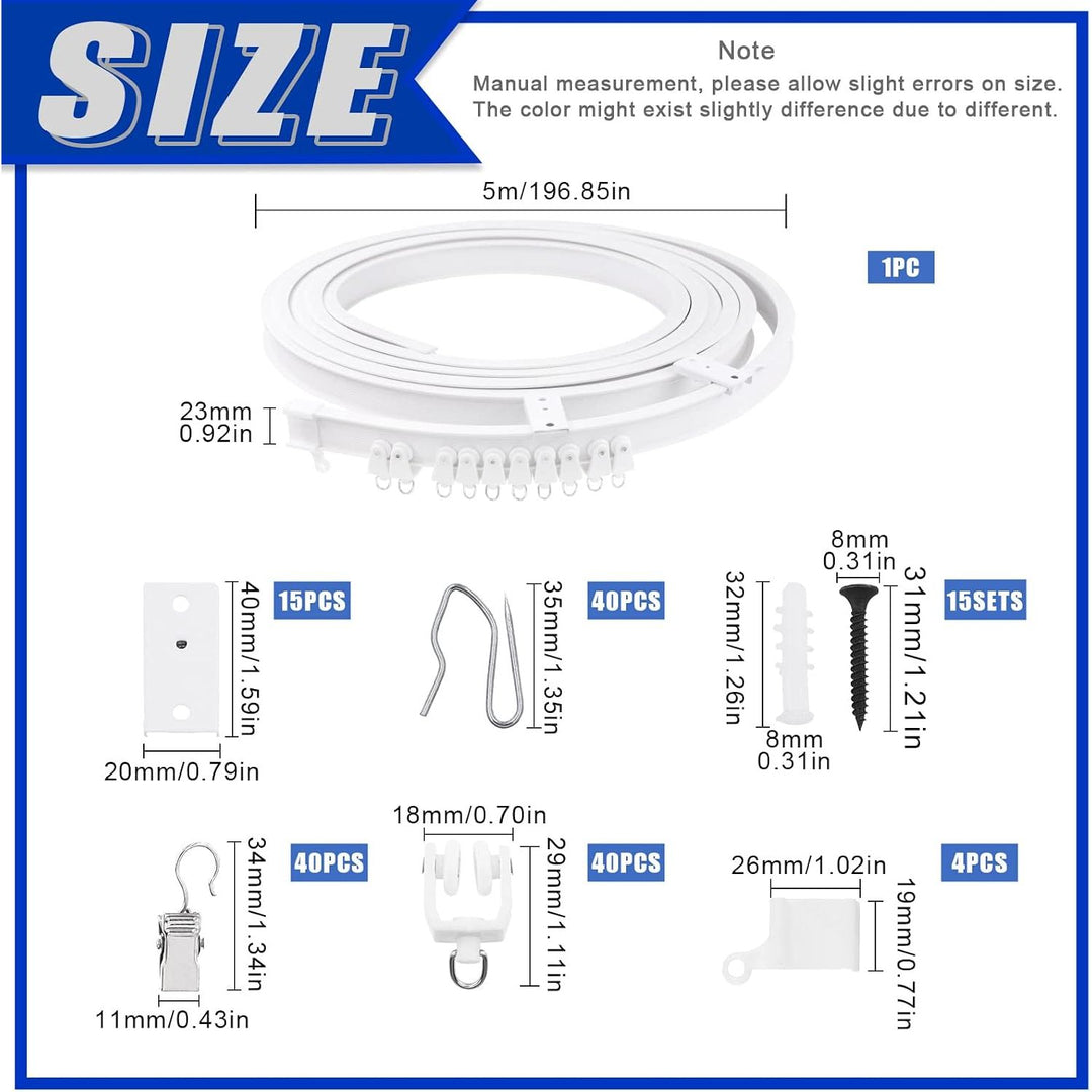 155Pcs 5M/16.4ft White Bendable Curved Ceiling Curtain Track Set, Includes 40Pcs 3.5CM Curtain Hooks, 40Pcs Curtain Clips for U Shape L Shape Shower Curtains Bay Window Room Divider