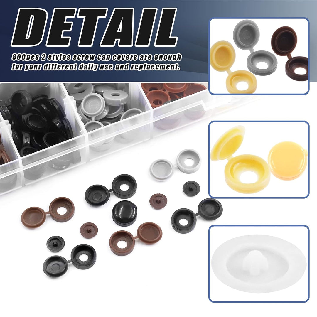 800Pcs 2 Styles 5 Colors Screw Cap Covers Assortment Kit, 300Pcs 4mm 5mm 6mm Hinged Screw Cover Caps Fold Screw Snap Covers Washer Flip Tops and 500Pcs Phillips Screws Head Hole Cap Covers Set