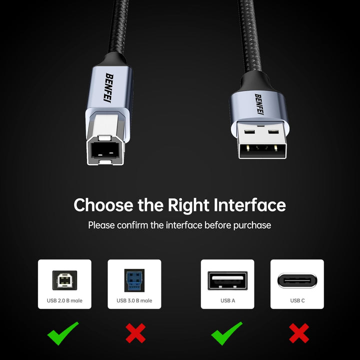 USB Printer Cable, 6.6FT/2 Meter USB A to USB B Cable for HP, Canon, Brother, Dell, Epson, Lexmark, Xerox, Grey