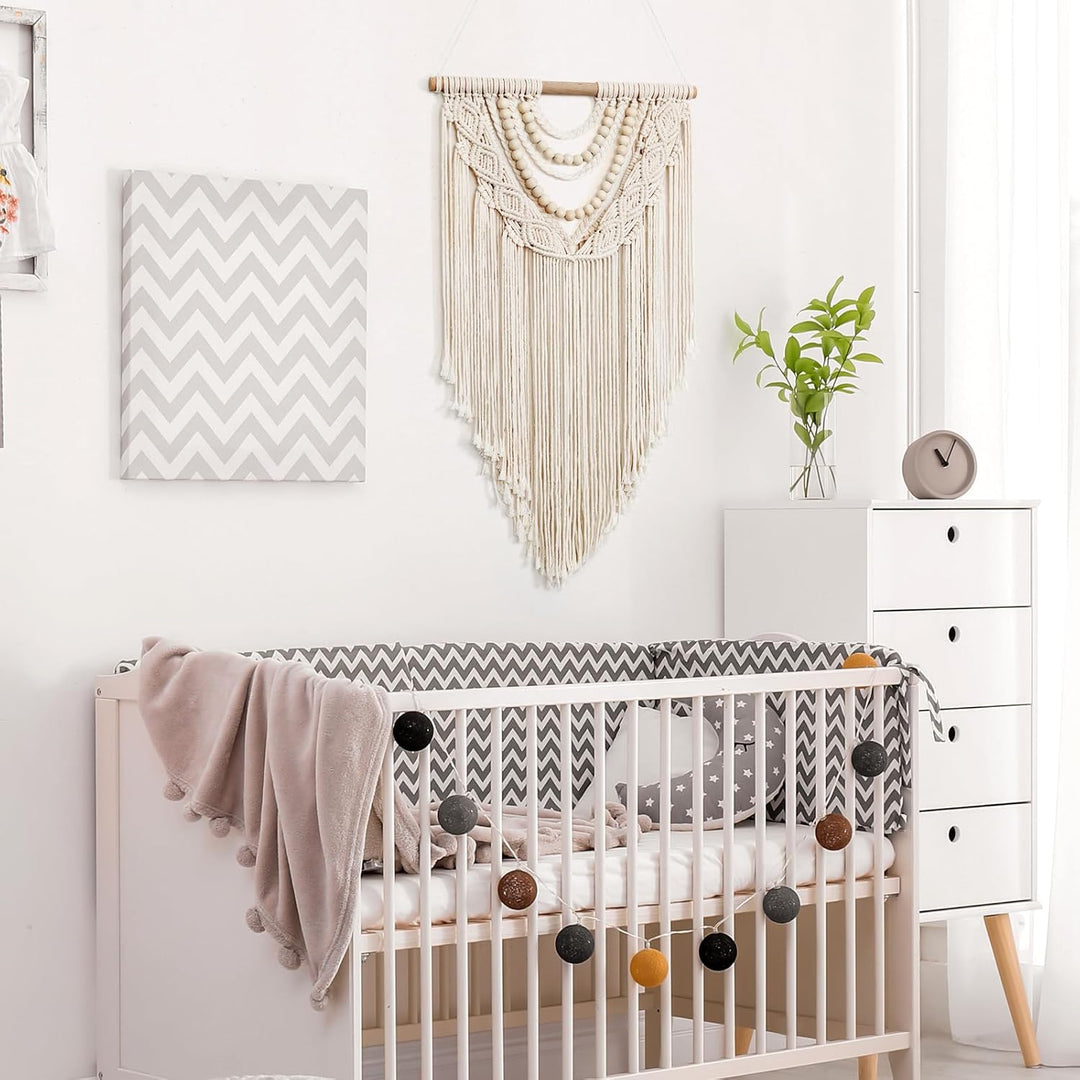 Small Macrame Wall Hanging Boho Handmade Woven Tapestry Bohemian Wall Art Decor with Chic Wooden Beads Home Decor for Bedroom Living Room Apartment Dorm Gallery Wedding 16.5"x28"