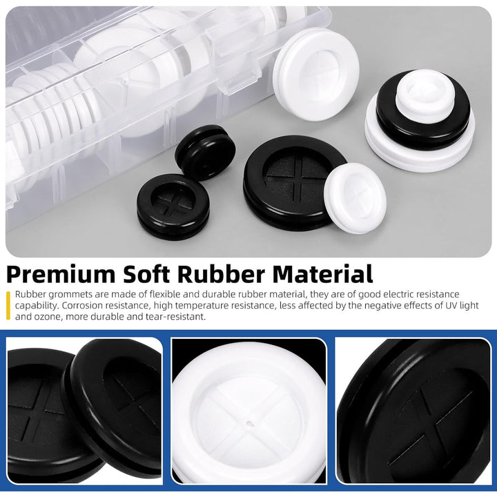 76pcs 5/8"(16mm) 13/16"(20mm) 1"(25mm) 1-3/16"(30mm) Black and White Rubber Grommet Set, Double Sided Round Rubber Hole Plugs Closed Firewall Hole Plug Rubber Gasket for Wire Protection