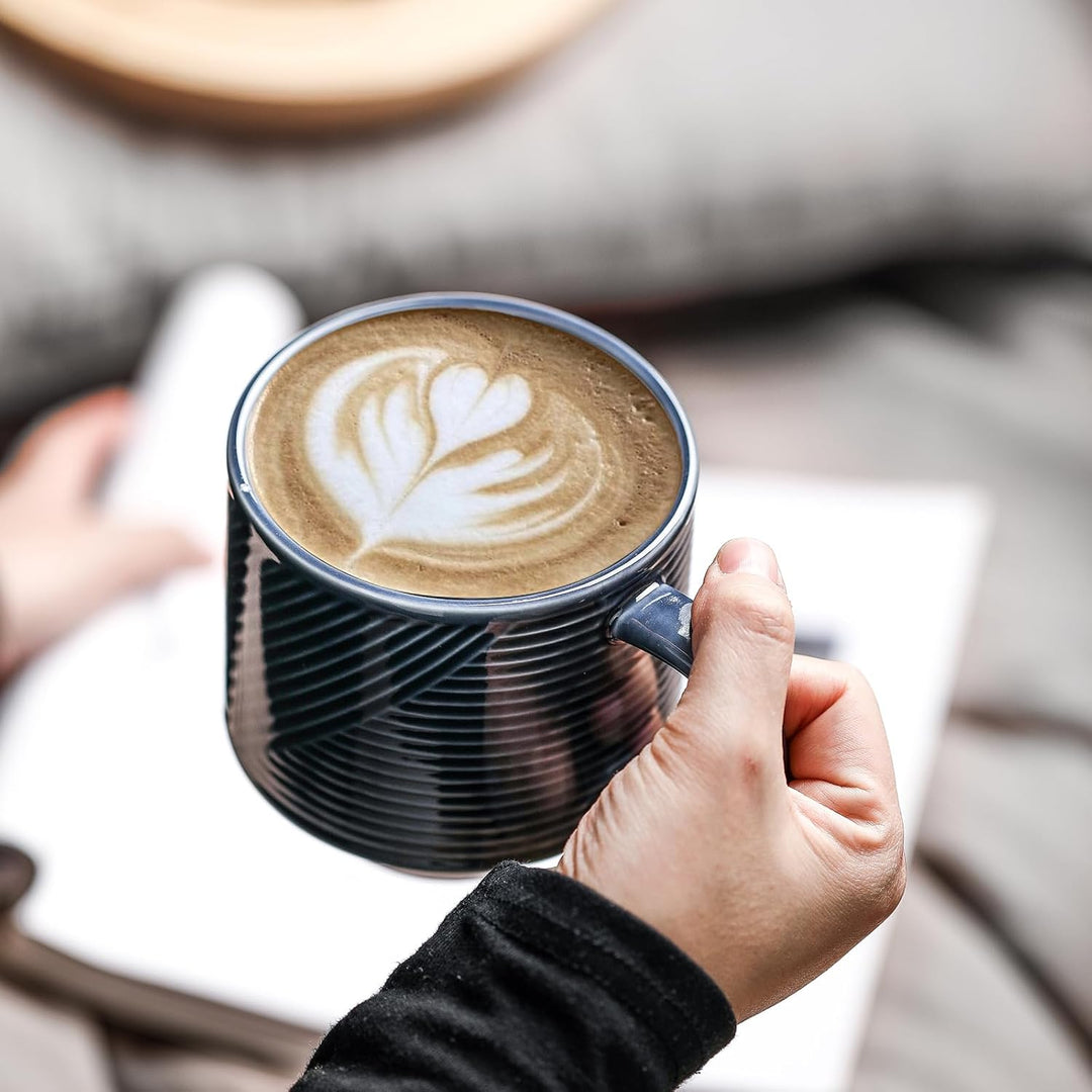 Stackable Coffee Mugs with Rack: 13 oz Stacking Ceramic Cups with Stand - Porcelain Stacked Tea Mug Set of 4 (Navy)