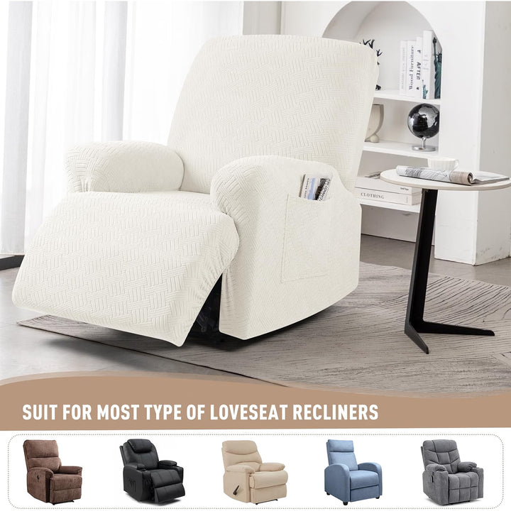 Recliner Chair Covers, Stretch Reclining Cover, Cream 1 Seat Jacquard Soft Recliner Slipcovers, Washable Recliner Couch Covers, Furniture Protector Covers with Pocket for Pet Kid