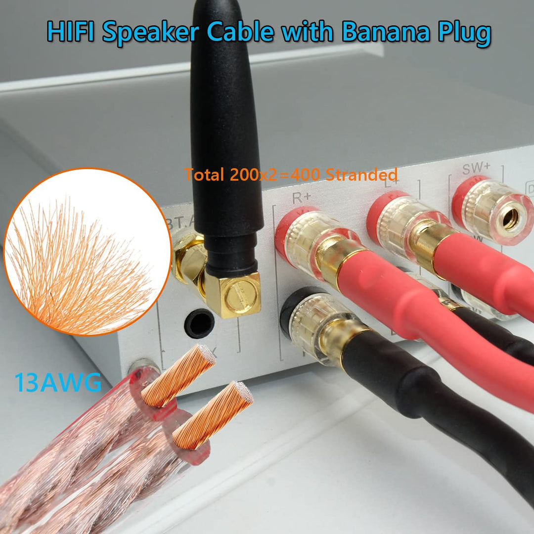 2 Pack 13 AWG Speaker Wire with Banana Plugs, 2X 3m HiFi Speaker Cable with Gold-Plated Right Angle Banana Plugs to Banana Plugs Audio Cable Speaker Cord for Audiophile (3m / 9.8FT)