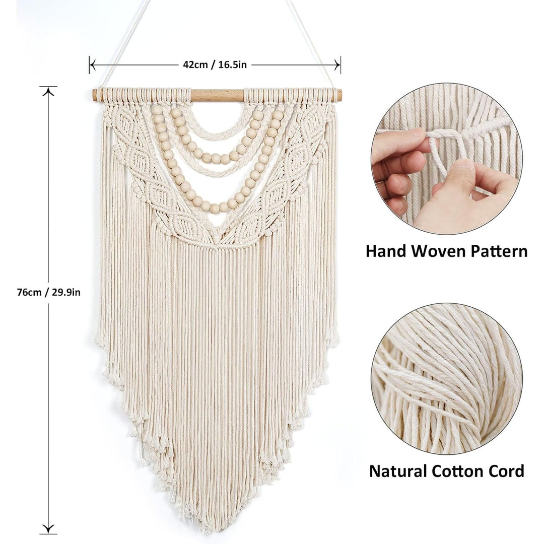 Small Macrame Wall Hanging Boho Handmade Woven Tapestry Bohemian Wall Art Decor with Chic Wooden Beads Home Decor for Bedroom Living Room Apartment Dorm Gallery Wedding 16.5"x28"