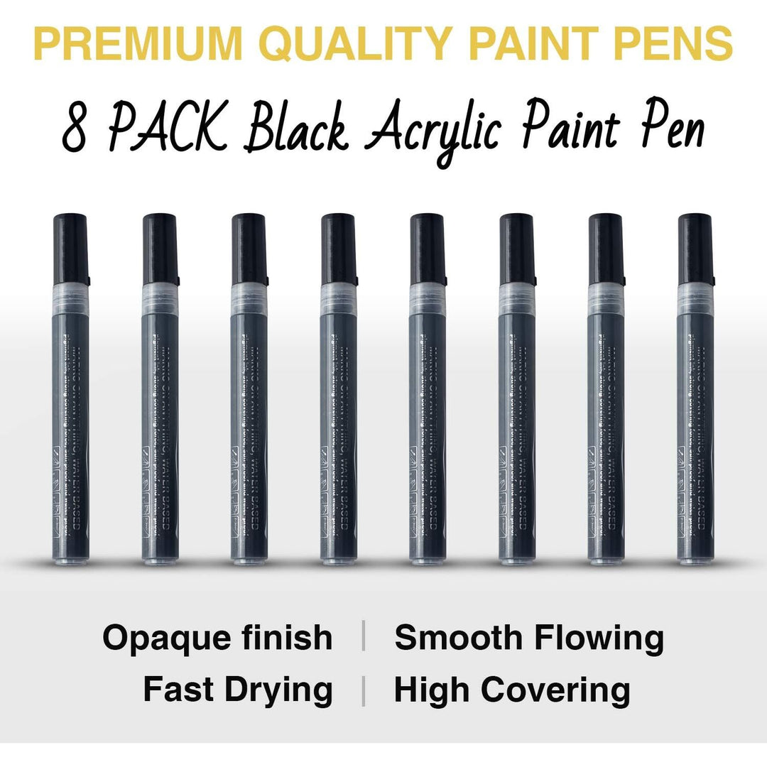 Black Acrylic Paint Markers: 8 Pack Black Paint pen, Acrylic Black Paint Marker for Rock Painting, Stone, Wood, Glass, Metallic, Ceramic, Graffiti, Paper, Drawing, Water-Based Paint pens Sets