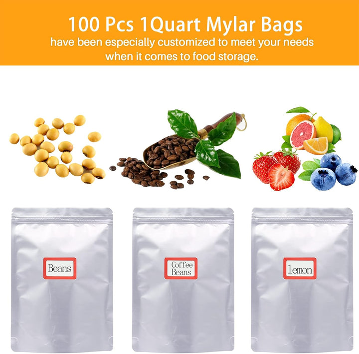 100 Pcs 1 Qt Mylar Resealable Bags for Food Storage, With 100 Pcs 200cc Oxygen Absorbers & 120 Labels, Aluminum Foil Long Term Fresh Bags for Kitchen Packaging, Ziplock Sealable Bags, 1 Quart Smell Proof Bags, Stand Up Bags, 8 mils