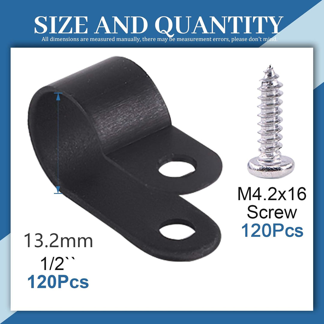 120Pcs 1/2 Inch Black Nylon Screw Mounting R-Type Cable Clip Wire Clamp with 120Pcs Screws for Wire, Cable, Conduit and Cable Conduit Kit (Black)