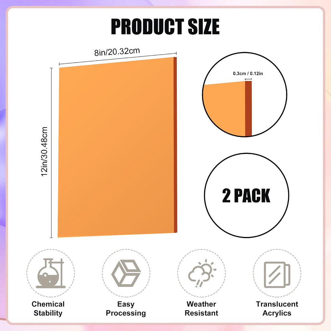 Orange Transparent Acrylic Sheets 8 x 12 x 1/8 inch Thick 3mm Cast Plexiglass Sheets,for Sign,Craft,Painting,Laser Cutting,DIY Display Projects…(2, Orange, 8"x 12")