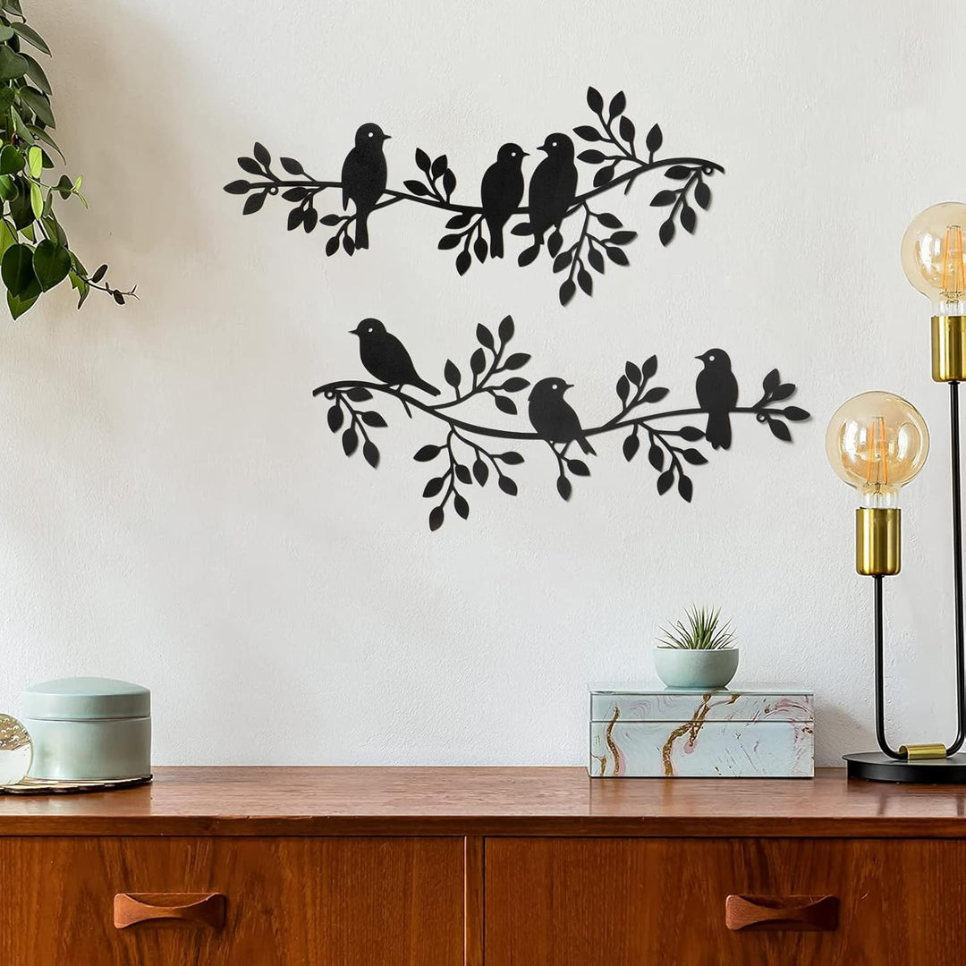 Metal Birds Wall Decor Art Leaves 6 Birds on Vine Olive Branch Iron Sculptures Silhouette Metal Hanging Ornament Bedroom Living Room Indoor Outdoor Decoration