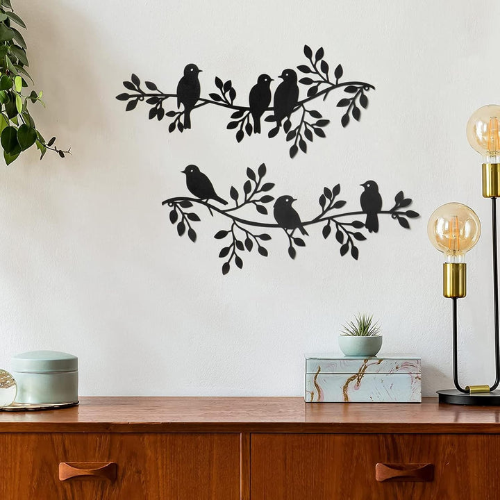Metal Birds Wall Decor Art Leaves 6 Birds on Vine Olive Branch Iron Sculptures Silhouette Metal Hanging Ornament Bedroom Living Room Indoor Outdoor Decoration