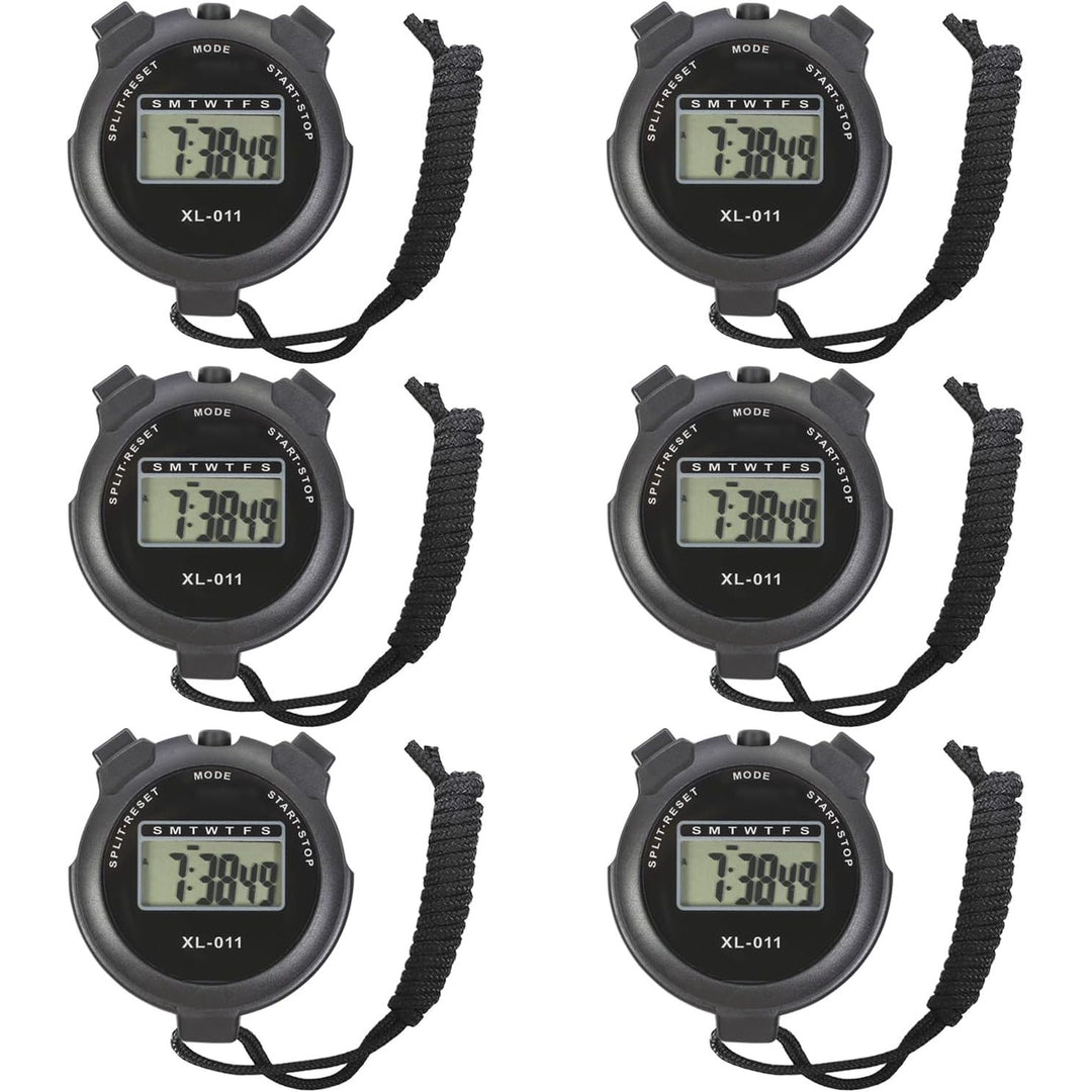 6-Pack Digital Sport Stopwatch Timer, Electronic Large Display with Date Time and Alarm Function, Multi-Function Sports Coaches Fitness Coaches and Referees Black