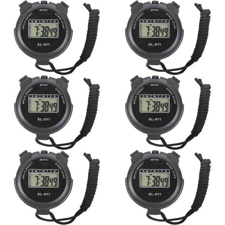6-Pack Digital Sport Stopwatch Timer, Electronic Large Display with Date Time and Alarm Function, Multi-Function Sports Coaches Fitness Coaches and Referees Black