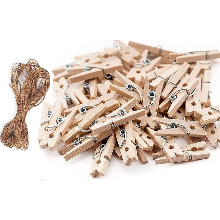 50Pcs Mini Clothespins, Natural Wooden Photo Clips, Small Wooden Clothes Pins Clip and 2 Meters Jute Twines, Tiny Wood Clamp with Spring for Peg Paper, Photo Wall, Postcard, Hanging Arts Crafts Decor