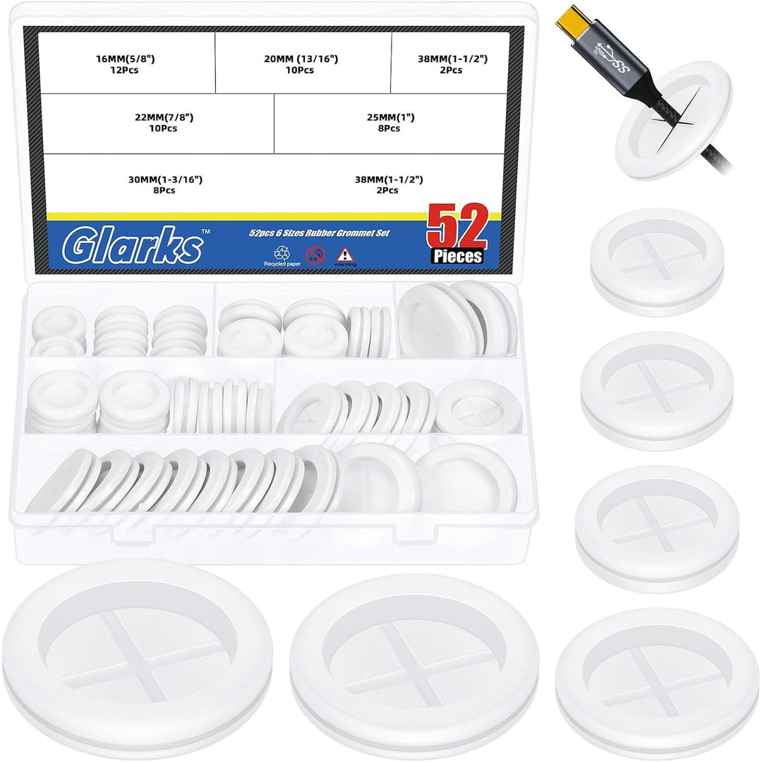 52pcs 6 Sizes Double Sided Round Rubber Hole Plug Set, White Rubber Grommet Double Sided Electrical Wire Gaskets, Hole Synthetic Rubber Plug for Wire, Cable Protection