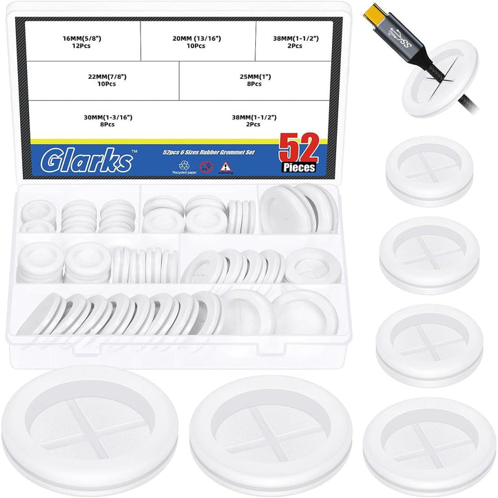 52pcs 6 Sizes Double Sided Round Rubber Hole Plug Set, White Rubber Grommet Double Sided Electrical Wire Gaskets, Hole Synthetic Rubber Plug for Wire, Cable Protection
