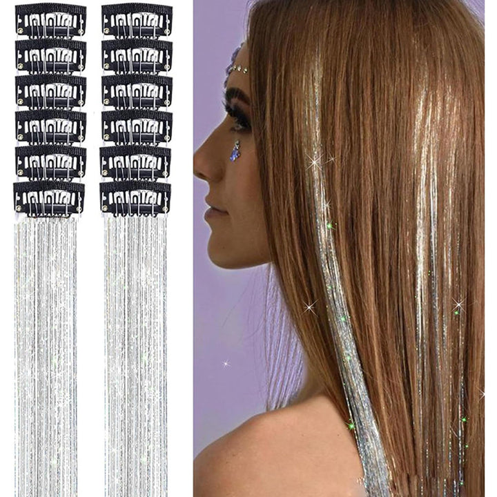 20 Inch Heat Resistant Hair Tinsel Clips - Fairy Kit Glitter Extensions for Women, Girls, and Kids, Ideal Sparkly Christmas Gift (Silver)