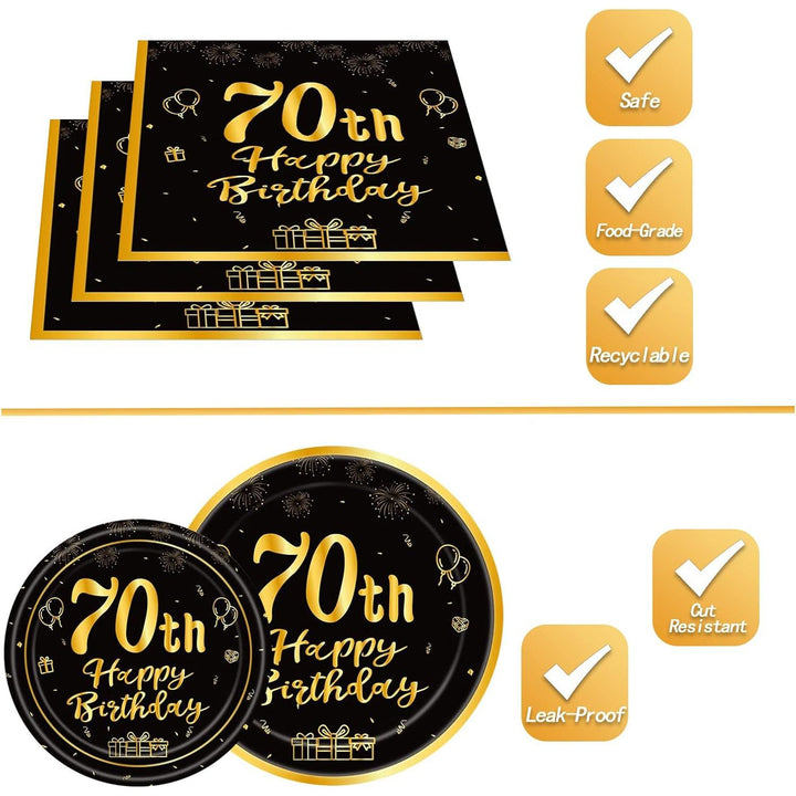 144PCS 70th Birthday Party Supplies Black and Gold 70 Years Birthday Plates and Napkins Tableware Set 70th Party Decorations Including Paper Plates Napkins Cups Forks Serve 24 for Men Women