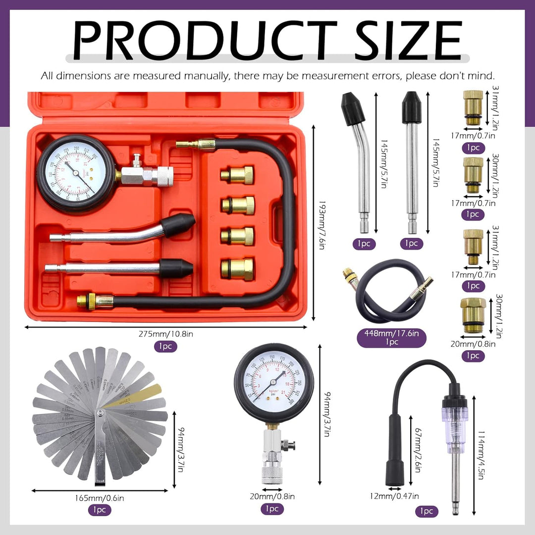10Pcs Automotive Compression Tester Kit and Spark Plug Tester with Steel Metric and Imperial Feeler Gauge Assortment Kit, Universal Car and Motorcycle Engine Testing Tools